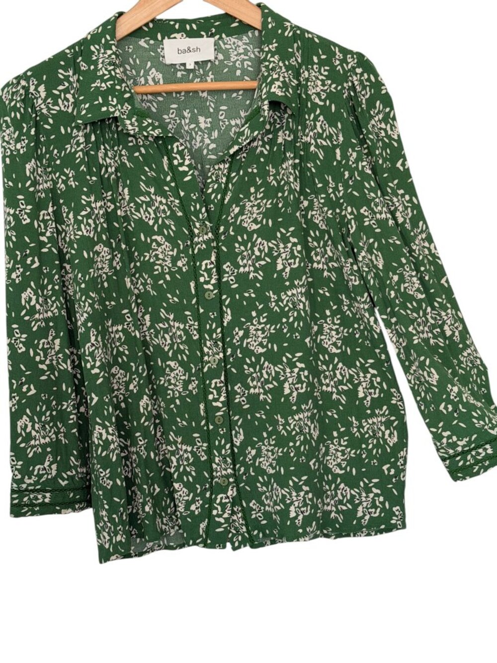 ba&sh Paris Green Aura Floral Pintuck Button Front Blouse Ladder Lace 3/US 8-10